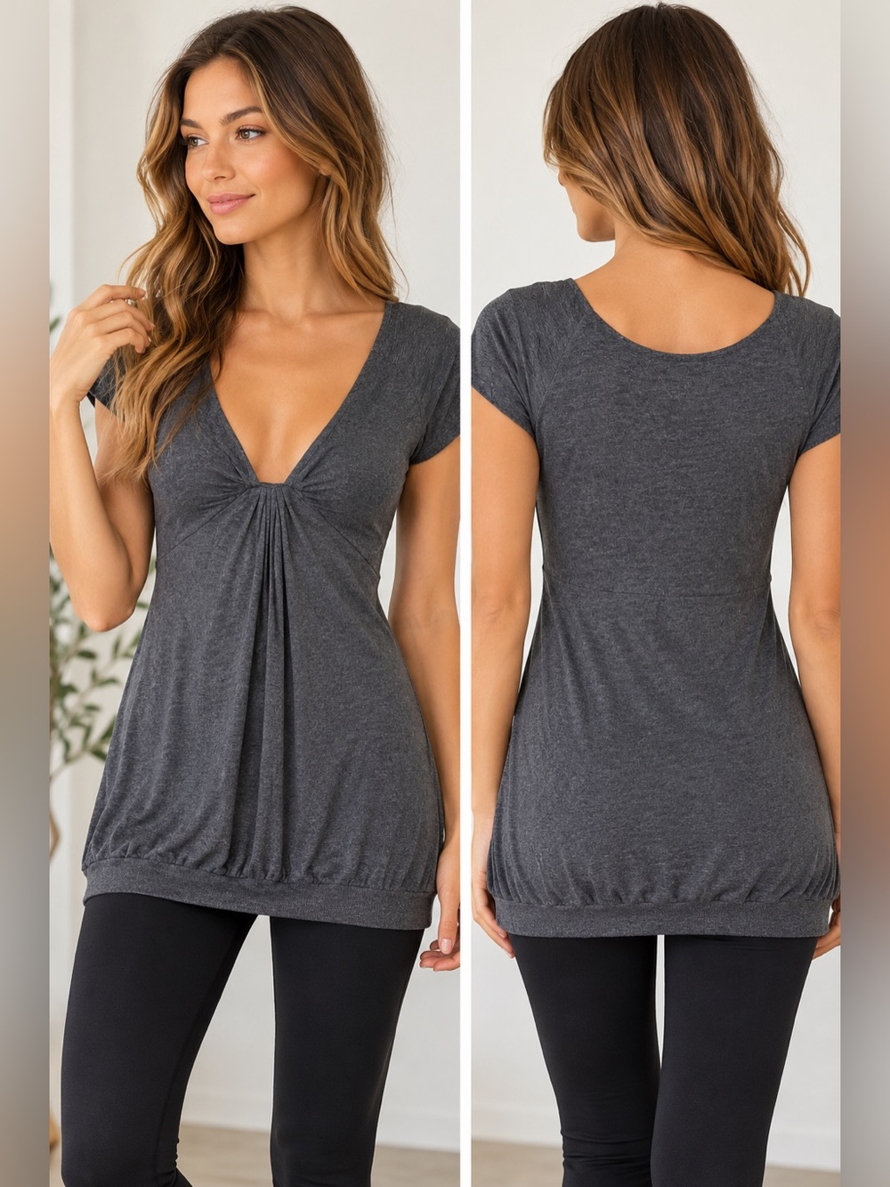 Wilfred Charcoal V-Neck Empire Waist Tunic Top Size S Y2K Retro Casual